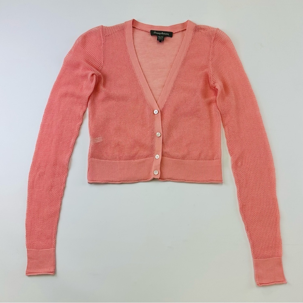 Tommy Bahama peach crop vneck summer knit fitted cardigan XS mesh
